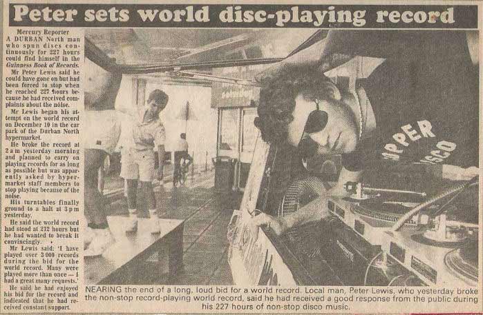 Newspaper clipping reporting Peter Lewis's world disc-playing record